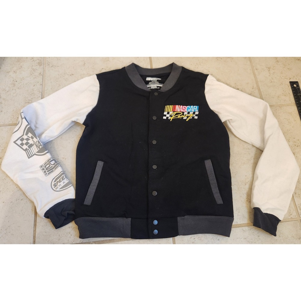 NASCAR Racing Kids Varsity Bomber Jacket Black White Snap Front Large 14/16